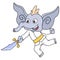 The laughing faced elephant was practicing martial arts with a sharp sword, doodle icon image kawaii