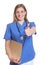 Laughing german nurse with file showing thumb up