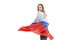 Laughing girl holding a Russian flag. Celebrating Independence Day and patriotism. Isolated on a white background. Space for text