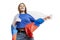 Laughing girl holding a Russian flag. Celebrating Independence Day and patriotism. Isolated on a white background. Space for text