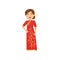 Laughing girl in national costume of China. Female in bright red dress. Traditional Chinese clothes. Flat vector design