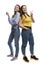 Laughing girlfriends in jeans. Friendship and relationship. Isolated on a white background. Vertical