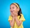 Laughing, happy and child looking curious while isolated on a blue background in a studio. Smile, cheerful and an