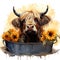 Laughing Highland Cow in a Metal Bathtub with Minimalist Sunflowers AI Generated