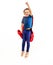 Laughing isolated superhero child jumping high, flying with arm raised