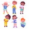 Laughing kids flat icons set. Cute children smiling and holding belt. Funny emotions. Playful kids