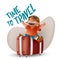 Laughing little boy in orange t-shirt and pilot glasses sitting with raising hands on brown suitcase. Kid traveler character