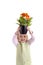 Laughing little girl with orange flowers (gerbera)