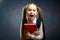 Laughing Long Hair Schoolgirl Hold Red Book Shout