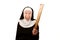 Laughing nun brandishing a ruler