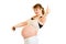 Laughing pregnant woman photographing her belly