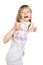 Laughing preteen girl makes thumb up sign