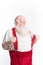 Laughing Santa with red suspenders