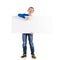 Laughing schoolboy with placard