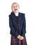 Laughing schoolgirl, standing in dark blue uniform isolated white background