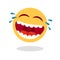 Laughing smiley emoticon. Cartoon happy face with laughing mouth and tears. Loud laugh vector icon