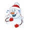 Laughing snowman wearing a hat with pom poms