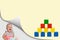 Laughing toddler girl and pyramid of wooden toy cubes