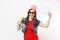 Laughing woman in 3d glasses with bucket for popcorn on head watching movie film, poiting index finger on say cloud with