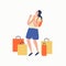 Laughing woman with backpack rejoicing surrounded by shopping bag vector flat illustration. Happy female teenager having