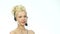 laughing woman talking on helpline, Headset telemarketing positive female call center agent at work. slow motion