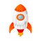 Launch of an orange space rocket with a porthole. Cartoon and flat style. Vector illustration isolated.