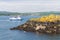 Launch ship appoaching Inchcolm Island with medieval abbey near Edinburgh