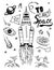 Launch space rocket. Vector illustration Cosmic sketch hand drawn elements set isolated and quote - To The Space