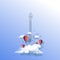 Launched rocket. Clouds and sky with colorful balloons, Rocket flying through clouds to space. Start up business