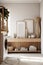 Laundry area mockup with wood furnishings in Japanese & Nordic styles. Elegant frame adorns minimalist beige space, washing machin