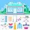 Laundry building, flat illustration. Laundry, dry cleaning, clothes washing and ironing service.