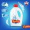 Laundry detergent ad with liquid product package, plastic bottle with labels Alpine freshness perfume, washing stickers