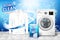 Laundry detergent ad. Stain remover banner design with realistic washing machine and laundry detergent package with