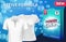 Laundry detergent. Realistic box detergent. Washing clothes advertising vector background with white t-shirts