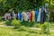 The laundry is dried on a rope in the garden.