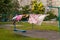 Laundry dries on a line in the courtyard of a residential area