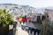 Laundry dries outdoor on a roof of house, located outside of Jerusalem Old City Walls. Panoramic city view. Israel.