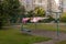 Laundry dries on a rope and is blown by the wind in the courtyard of a residential area