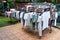 Laundry fabric being dried under bright hot sun in home compound after wash