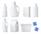 Laundry products mockup. Realistic clean white plastic bottles, containers and packs, washing powders, capsules