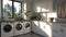 laundry room emphasizing the harmonious blend of modern aesthetics and hygienic cleanliness, creating an inviting