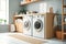 Laundry room in a house. Close up low angle shot of a washing machine and a dryer, interior. Housekeeping