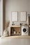 Laundry room interior mockup: beige theme, washer, wood accents, Scandinavian, Japanese & Nordic styles combined. Two wall frames