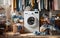 Laundry room scene with pile of white and colors dirty clothes messy near modern washing machine, clothes washing concept,