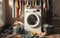 Laundry room scene with pile of white and colors dirty clothes messy near modern washing machine, clothes washing concept,