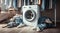 Laundry room scene with pile of white and colors dirty clothes messy near modern washing machine, clothes washing concept,