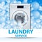 Laundry service banner or poster. Washing machine front loading background with soap bubbles. 3d realistic illustration. Front