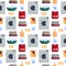 Laundry service seamless pattern, house cleaning tools on white background. Detergent and launder products, household