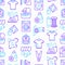 Laundry service seamless pattern with thin line icons: washing machine, spin cycle, drying machine, fabric softener, iron,