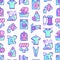 Laundry service seamless pattern with thin line icons: washing machine, spin cycle, drying machine, fabric softener, iron,